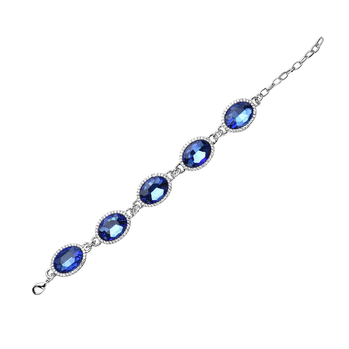 Simulated Blue Sapphire and Austrian Crystal Link Bracelet (7.0-9.0In) and Earrings in Silvertone image number 4
