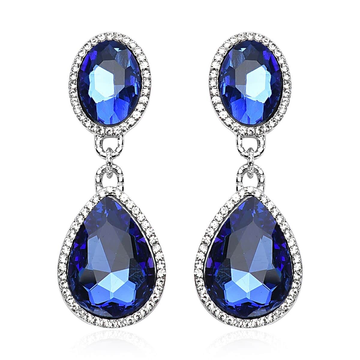 Simulated Blue Sapphire and Austrian Crystal Link Bracelet (7.0-9.0In) and Earrings in Silvertone image number 5