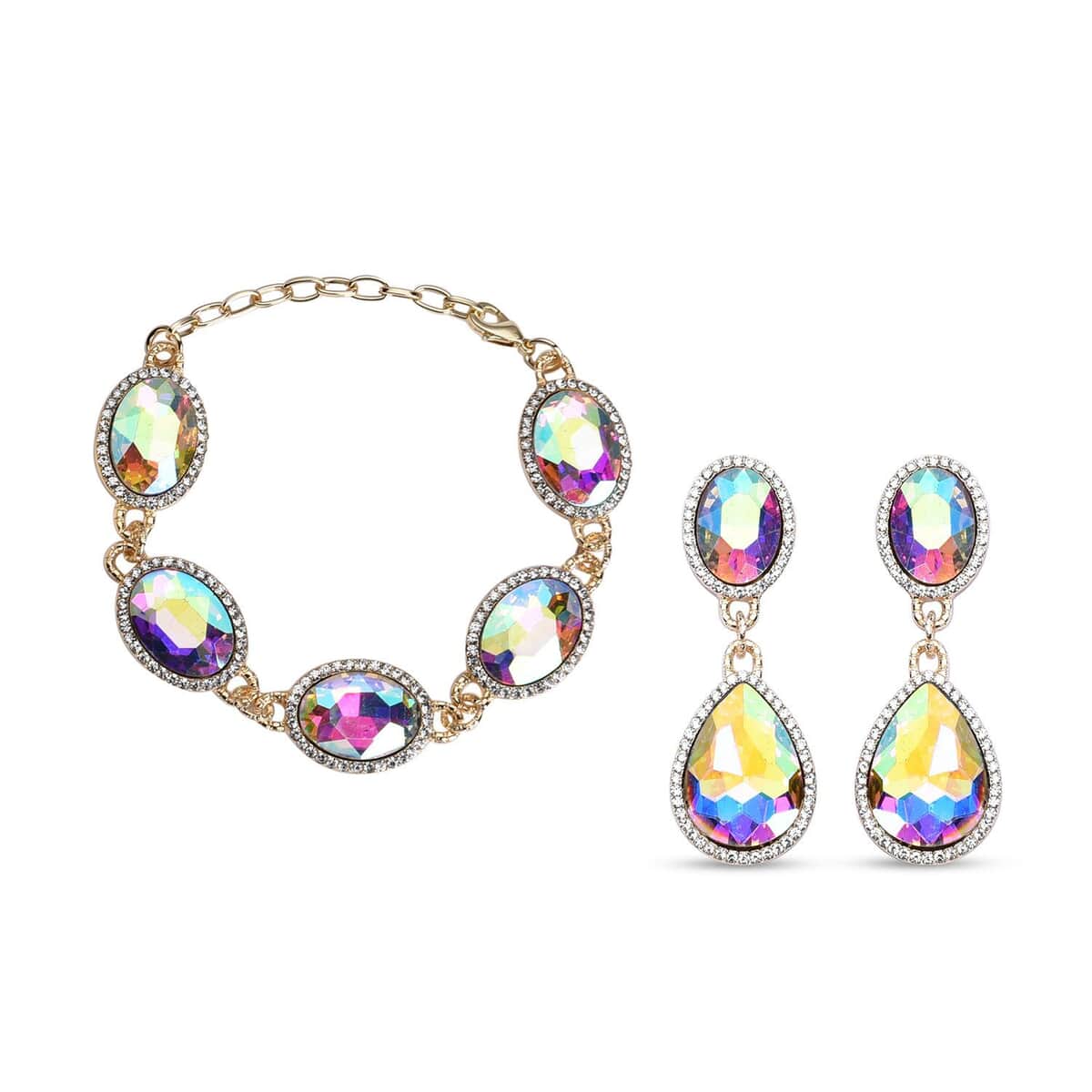 Simulated Aurora Borealis and Austrian Crystal Link Bracelet (7.0-9.0In) and Earrings in Goldtone image number 0