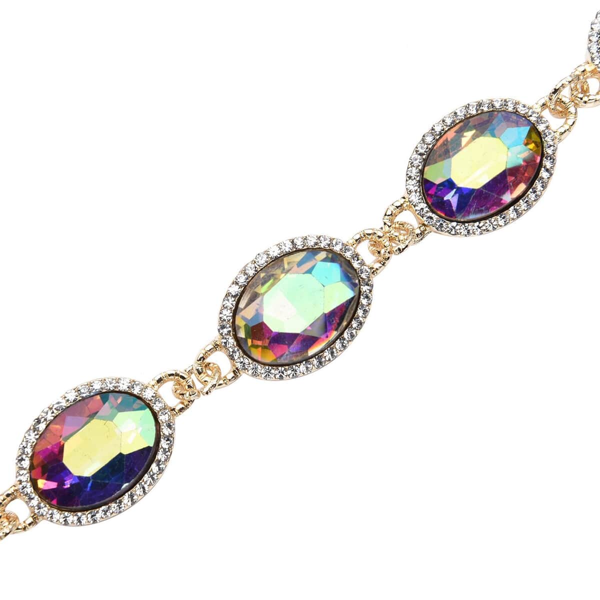 Simulated Aurora Borealis and Austrian Crystal Link Bracelet (7.0-9.0In) and Earrings in Goldtone image number 3