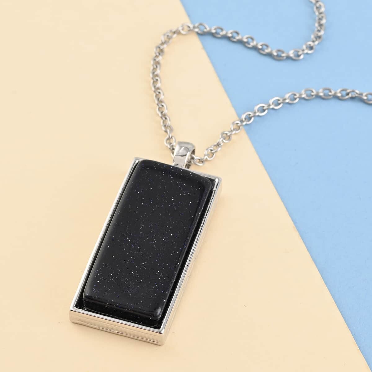 Blue Sandstone Dogtag Pendant Necklace 24 Inches in Silvertone & Stainless Steel 10.00 ctw image number 1