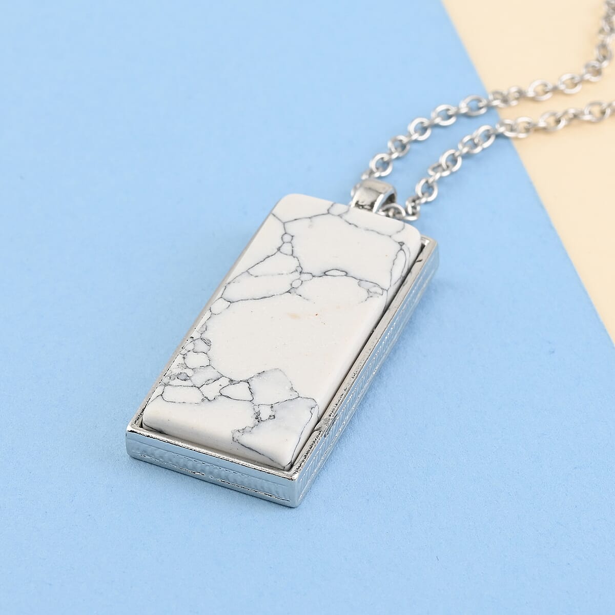 White Howlite Dogtag Pendant in Silvertone with Stainless Steel Necklace 24 Inches 10.00 ctw image number 1