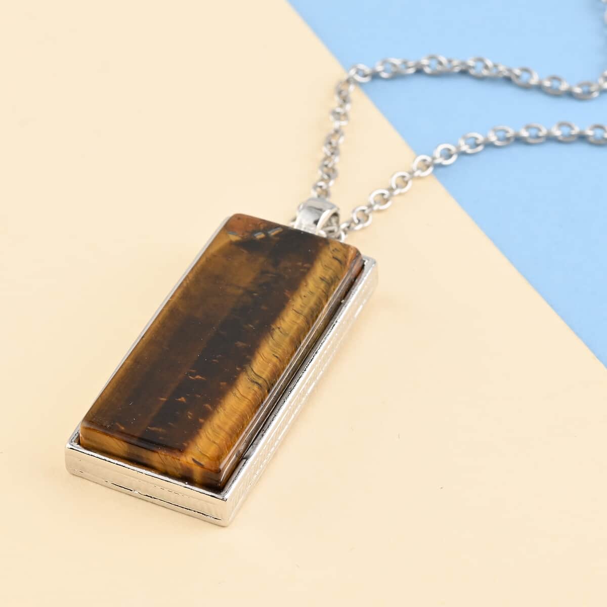 Yellow Tiger's Eye 10.00 ctw Dogtag Pendant in Silvertone with Stainless Steel Necklace 24 Inches image number 1