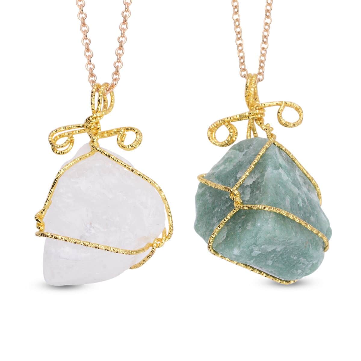 Fluorite and White Crystal Quartz Set of 2 Wire Wrapped Pendant Necklace 24 Inches in Goldtone 260.00 ctw image number 0