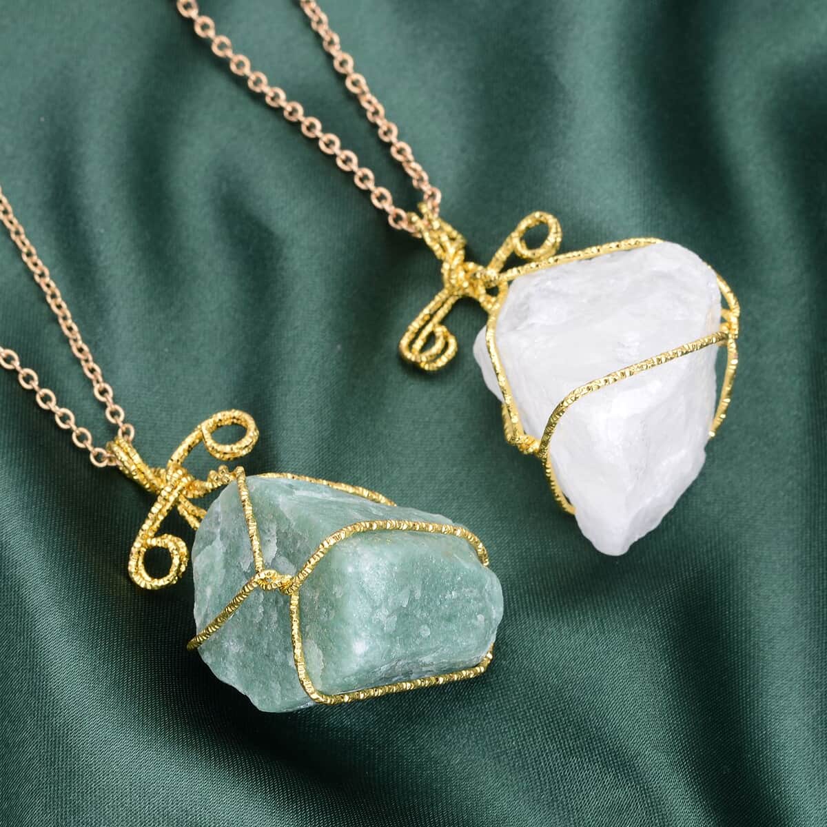 Fluorite and White Crystal Quartz Set of 2 Wire Wrapped Pendant Necklace 24 Inches in Goldtone 260.00 ctw image number 1