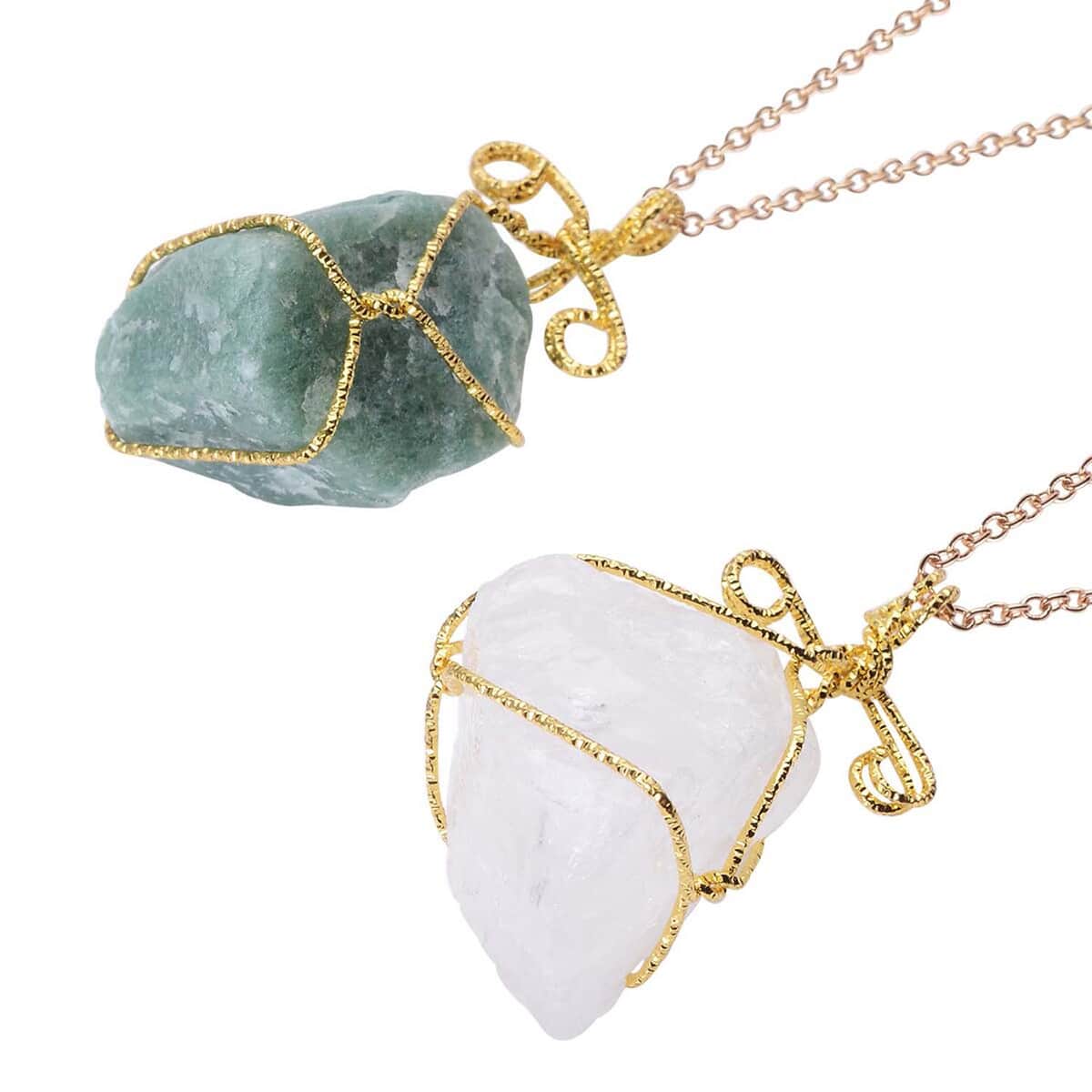 Fluorite and White Crystal Quartz Set of 2 Wire Wrapped Pendant Necklace 24 Inches in Goldtone 260.00 ctw image number 4