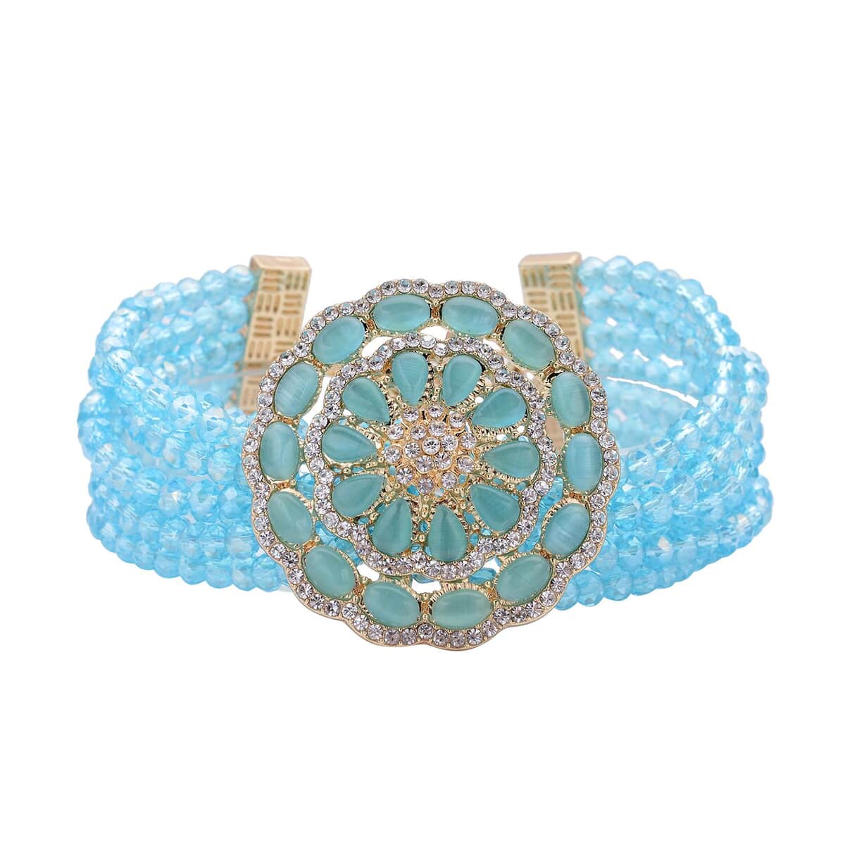Blue Glass and Austrian Crystal Beaded Multi Strand Bracelet with Simulated Blue Cat's Eye Brooch in Goldtone (7.5-9.50In) 6.00 ctw image number 0