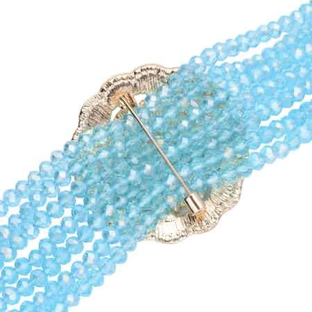 Blue Glass and Austrian Crystal Beaded Multi Strand Bracelet with Simulated Blue Cat's Eye Brooch in Goldtone (7.5-9.50In) 6.00 ctw image number 3