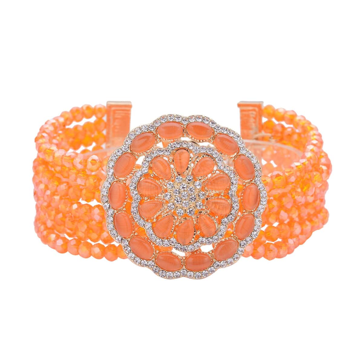 Orange Magic Glass and Austrian Crystal Beaded Multi Strand Bracelet with Simulated Orange Cat's Eye Brooch in Goldtone (7.5-9.50In) 6.00 ctw image number 0