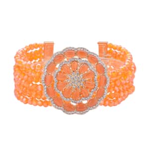 Orange Magic Glass and Austrian Crystal Beaded Multi Strand Bracelet with Simulated Orange Cat's Eye Brooch in Goldtone (7.5-9.50In) 6.00 ctw