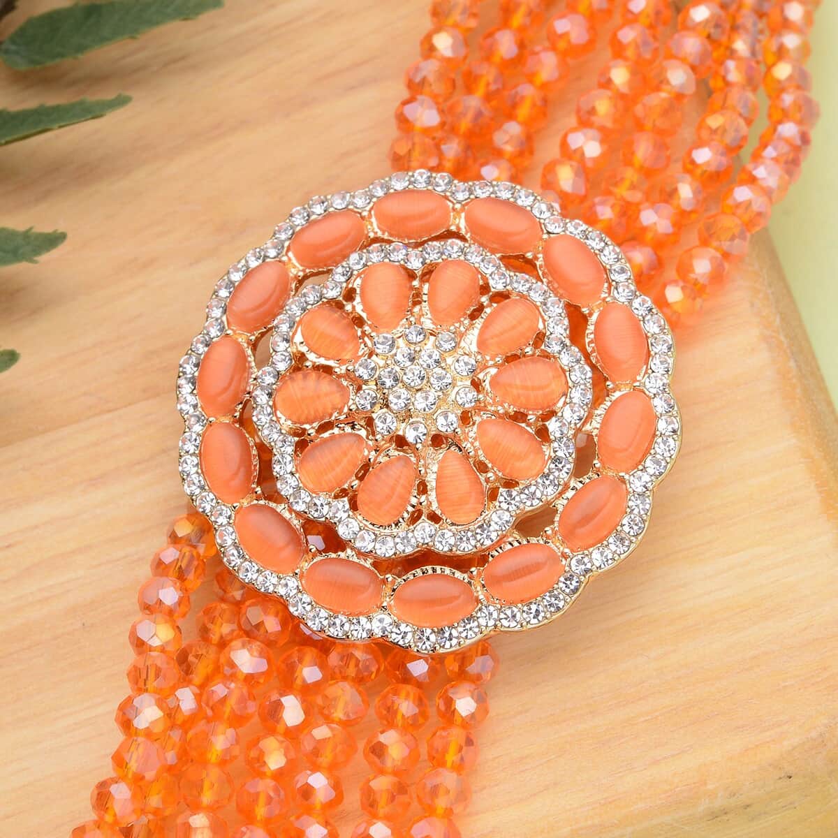 Orange Magic Glass and Austrian Crystal Beaded Multi Strand Bracelet with Simulated Orange Cat's Eye Brooch in Goldtone (7.5-9.50In) 6.00 ctw image number 1