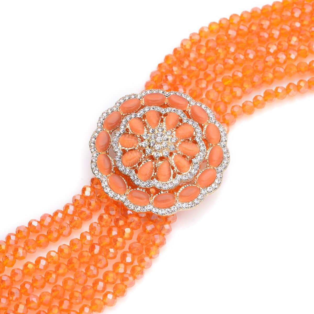 Orange Magic Glass and Austrian Crystal Beaded Multi Strand Bracelet with Simulated Orange Cat's Eye Brooch in Goldtone (7.5-9.50In) 6.00 ctw image number 2