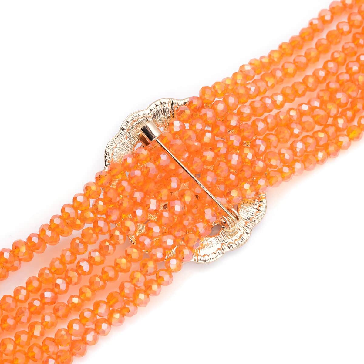 Orange Magic Glass and Austrian Crystal Beaded Multi Strand Bracelet with Simulated Orange Cat's Eye Brooch in Goldtone (7.5-9.50In) 6.00 ctw image number 3