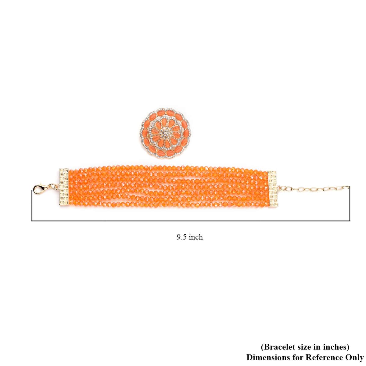 Orange Magic Glass and Austrian Crystal Beaded Multi Strand Bracelet with Simulated Orange Cat's Eye Brooch in Goldtone (7.5-9.50In) 6.00 ctw image number 4