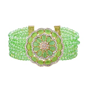 Green Magic Color Glass and Crystal 6.00 ctwBeaded Multi Strand Bracelet with Simulated Green Cat's Eye Brooch in Goldtone (7.5-9.50In)