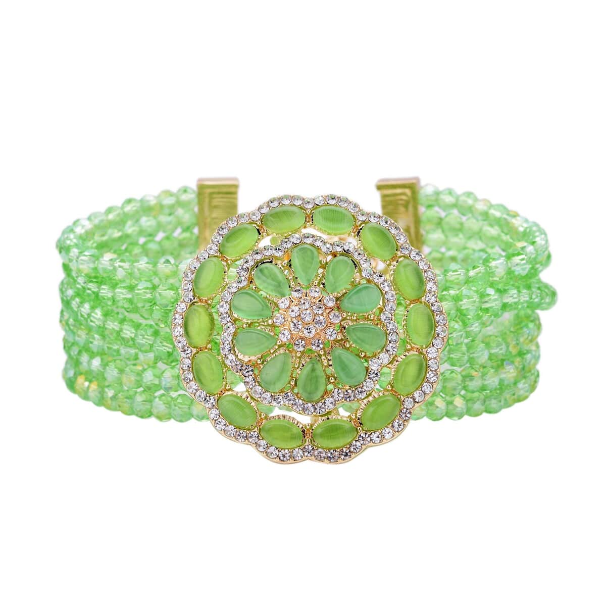 Green Magic Color Glass and Crystal Beaded Multi Strand Bracelet with Simulated Green Cat's Eye Brooch in Goldtone (7.5-9.50In) 6.00 ctw image number 0