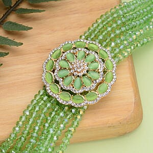 Green Magic Color Glass and Crystal 6.00 ctwBeaded Multi Strand Bracelet with Simulated Green Cat's Eye Brooch in Goldtone (7.5-9.50In)