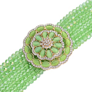 Green Magic Color Glass and Crystal 6.00 ctwBeaded Multi Strand Bracelet with Simulated Green Cat's Eye Brooch in Goldtone (7.5-9.50In)
