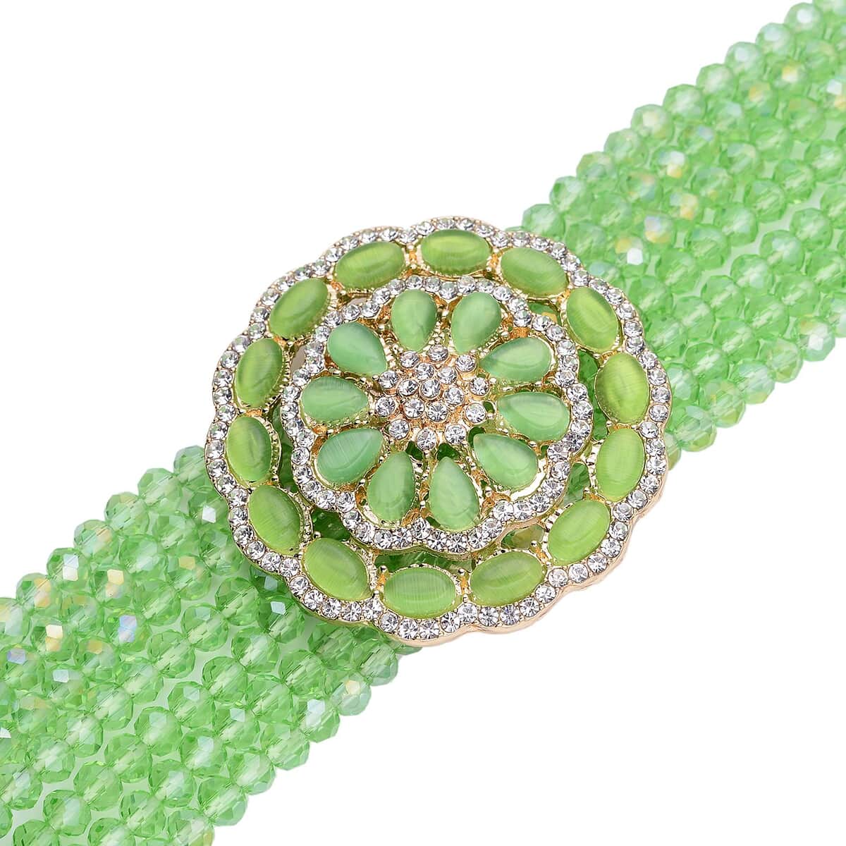 Green Magic Color Glass and Crystal Beaded Multi Strand Bracelet with Simulated Green Cat's Eye Brooch in Goldtone (7.5-9.50In) 6.00 ctw image number 2