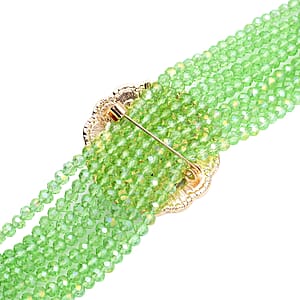 Green Magic Color Glass and Crystal 6.00 ctwBeaded Multi Strand Bracelet with Simulated Green Cat's Eye Brooch in Goldtone (7.5-9.50In)