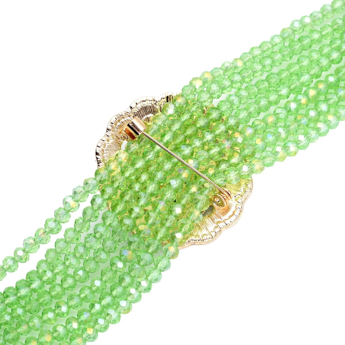 Green Magic Color Glass and Crystal Beaded Multi Strand Bracelet with Simulated Green Cat's Eye Brooch in Goldtone (7.5-9.50In) 6.00 ctw image number 3