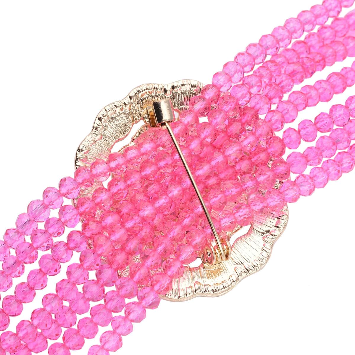 Fuchsia Glass and Austrian Crystal Beaded Multi Strand Bracelet with Simulated Fuchsia Cat's Eye Brooch in Goldtone (7.5-9.50In) 6.00 ctw image number 3