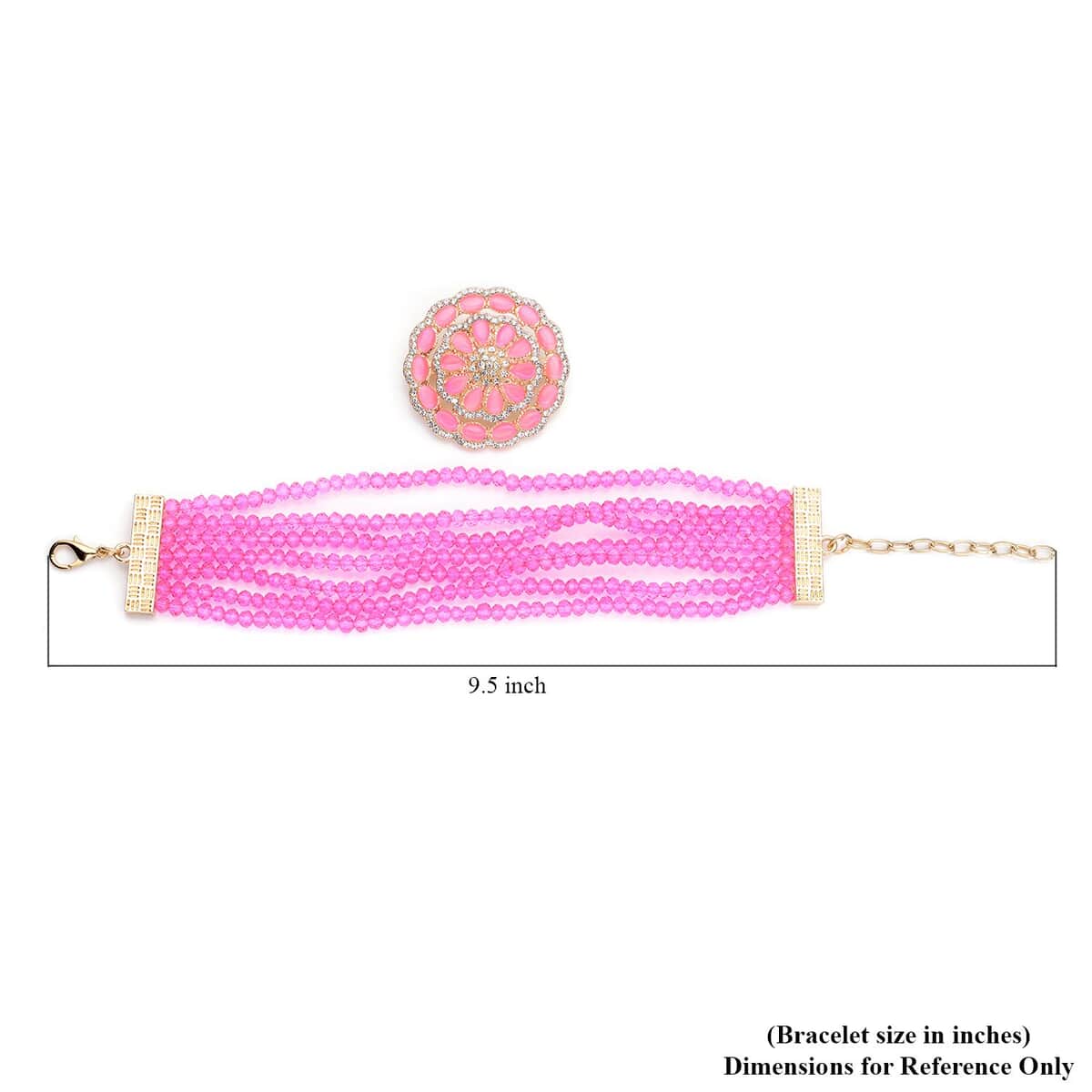 Fuchsia Glass and Austrian Crystal Beaded Multi Strand Bracelet with Simulated Fuchsia Cat's Eye Brooch in Goldtone (7.5-9.50In) 6.00 ctw image number 4