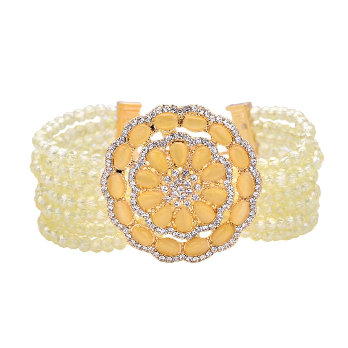 Yellow Magic Color Glass and Austrian Crystal 6.00 ctw Beaded Multi Strand Bracelet with Simulated Yellow Cat's Eye Brooch in Goldtone (7.5-9.50In) image number 0