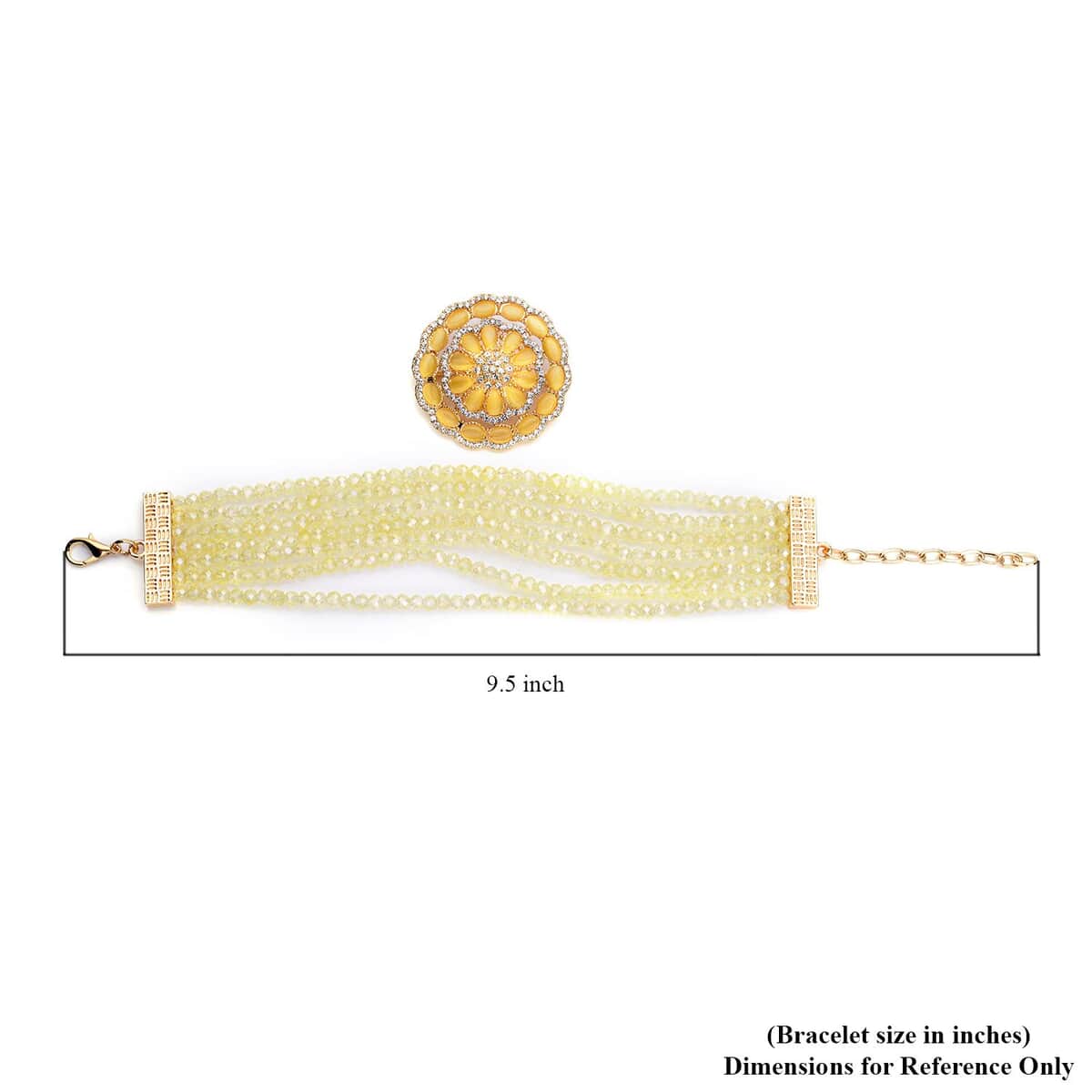 Yellow Magic Color Glass and Austrian Crystal 6.00 ctw Beaded Multi Strand Bracelet with Simulated Yellow Cat's Eye Brooch in Goldtone (7.5-9.50In) image number 4