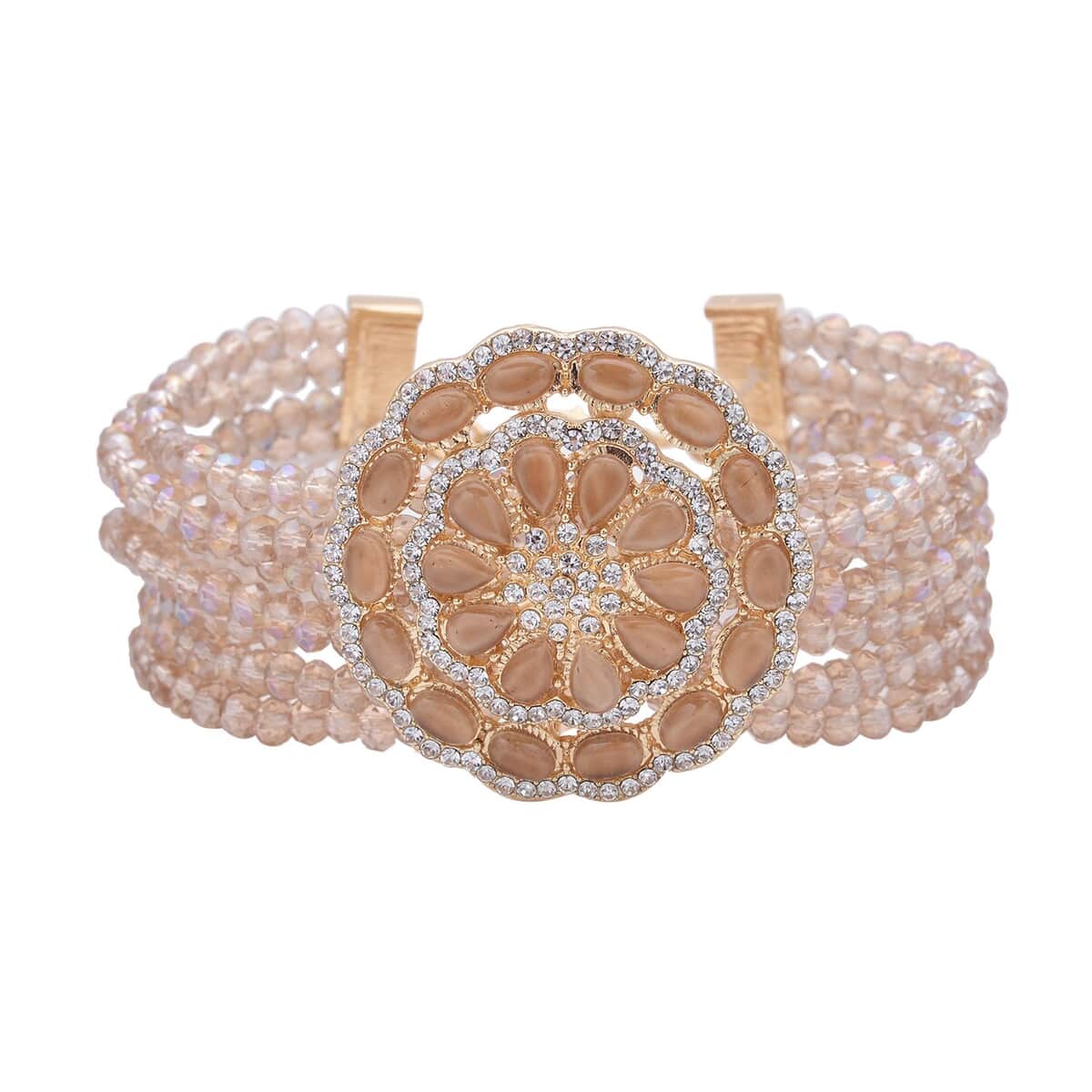 Champagne Aurora Borealis Glass and Crystal 6.00 ctw Beaded Multi Strand Bracelet with Simulated Champagne Cat's Eye Brooch in Goldtone (7.5-9.50In) image number 0