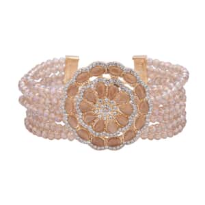 Champagne Aurora Borealis Glass and Crystal 6.00 ctw Beaded Multi Strand Bracelet with Simulated Champagne Cat's Eye Brooch in Goldtone (7.5-9.50In)