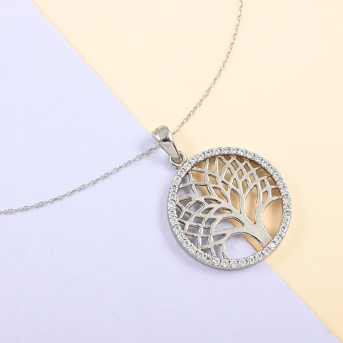 Italian Simulated Diamond Tree of Life Pendant Necklace 18 Inches in Sterling Silver 2.50 Grams image number 1
