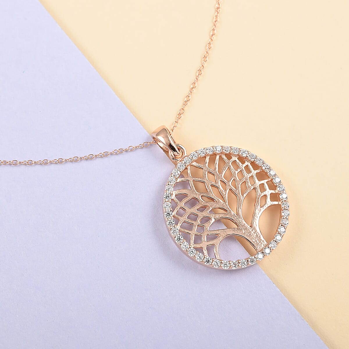 Italian Simulated Diamond Tree of Life Pendant Necklace 18 Inches in 14K Rose Gold Over Sterling Silver image number 1