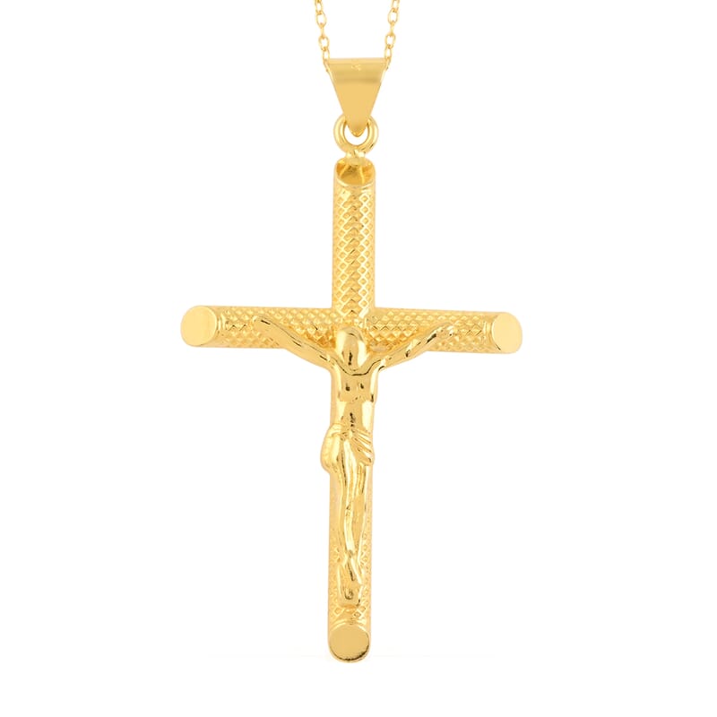 14K Yellow Gold Over Sterling Silver Crucifixion Cross Pendant Necklace 18 Inches 2.75 Grams