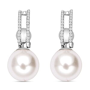 Set of 2 White Shell Pearl and Simulated Diamond Multi Ways Wearable Earrings in Silvertone