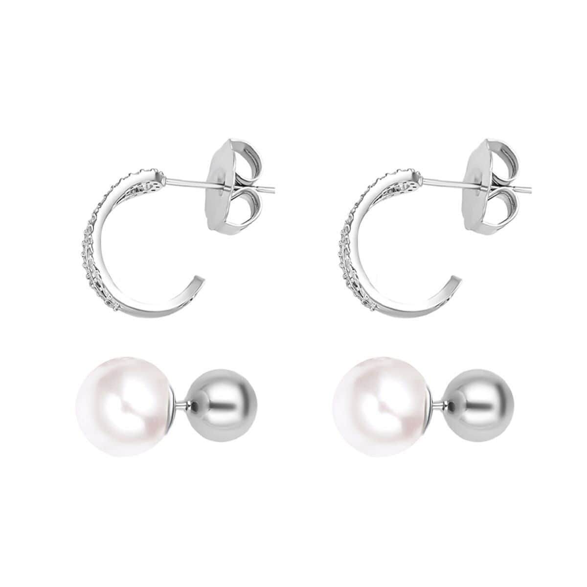 Set of 2 White Shell Pearl and Simulated Diamond Multi Ways Wearable Earrings in Silvertone image number 4