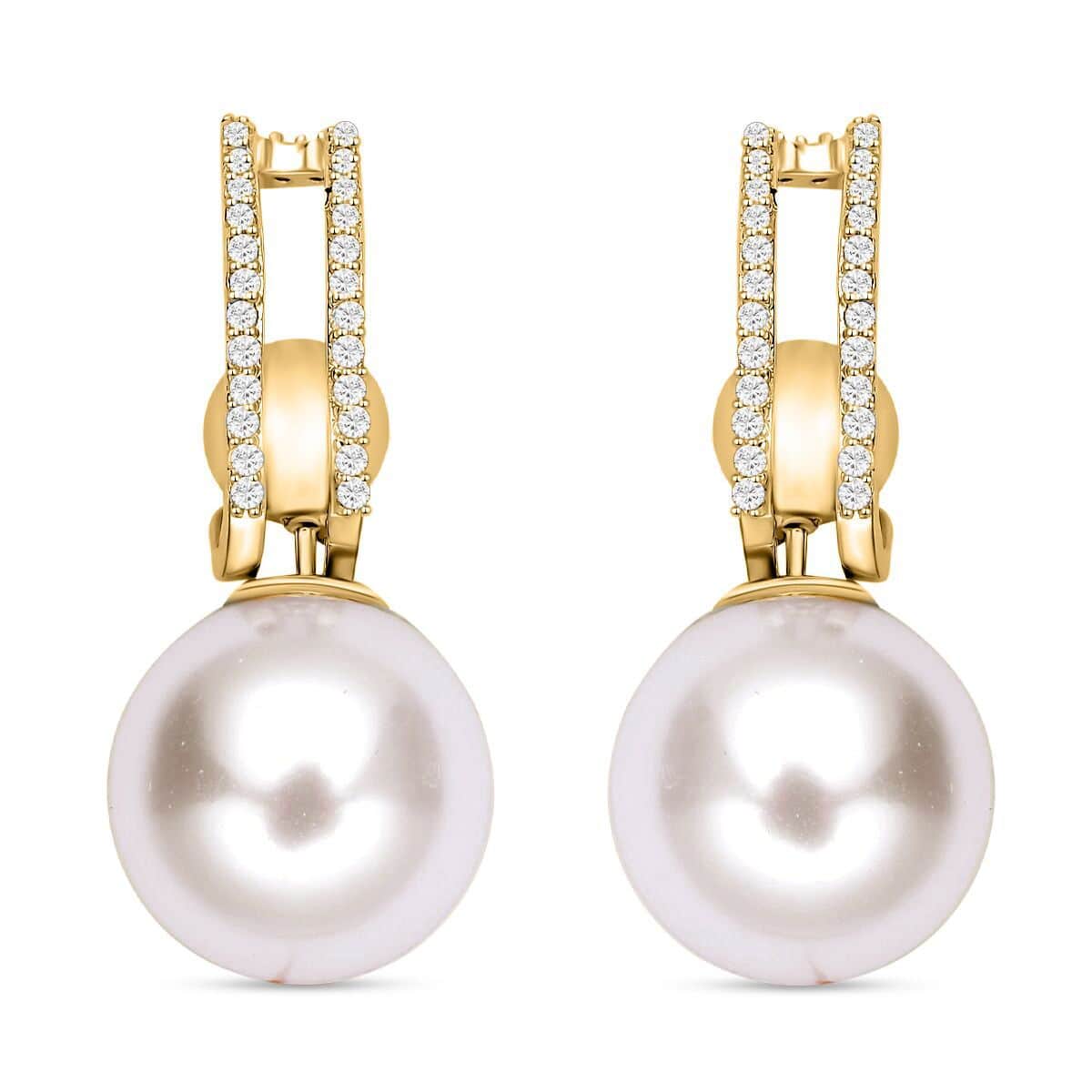 Set of 2 White Shell Pearl and Simulated Diamond Multi Ways Wearable Earrings in Goldtone image number 0