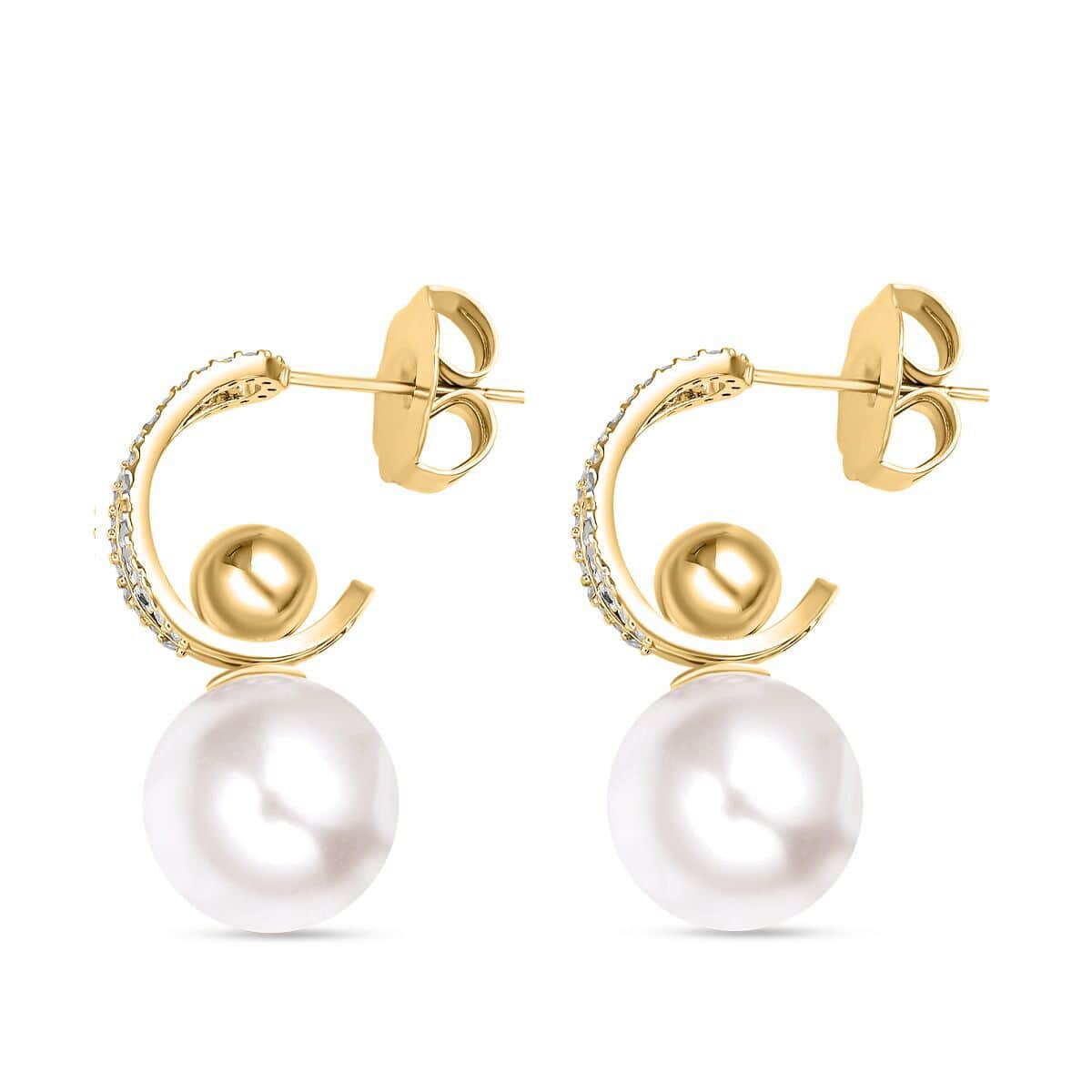 Set of 2 White Shell Pearl and Simulated Diamond Multi Ways Wearable Earrings in Goldtone image number 3