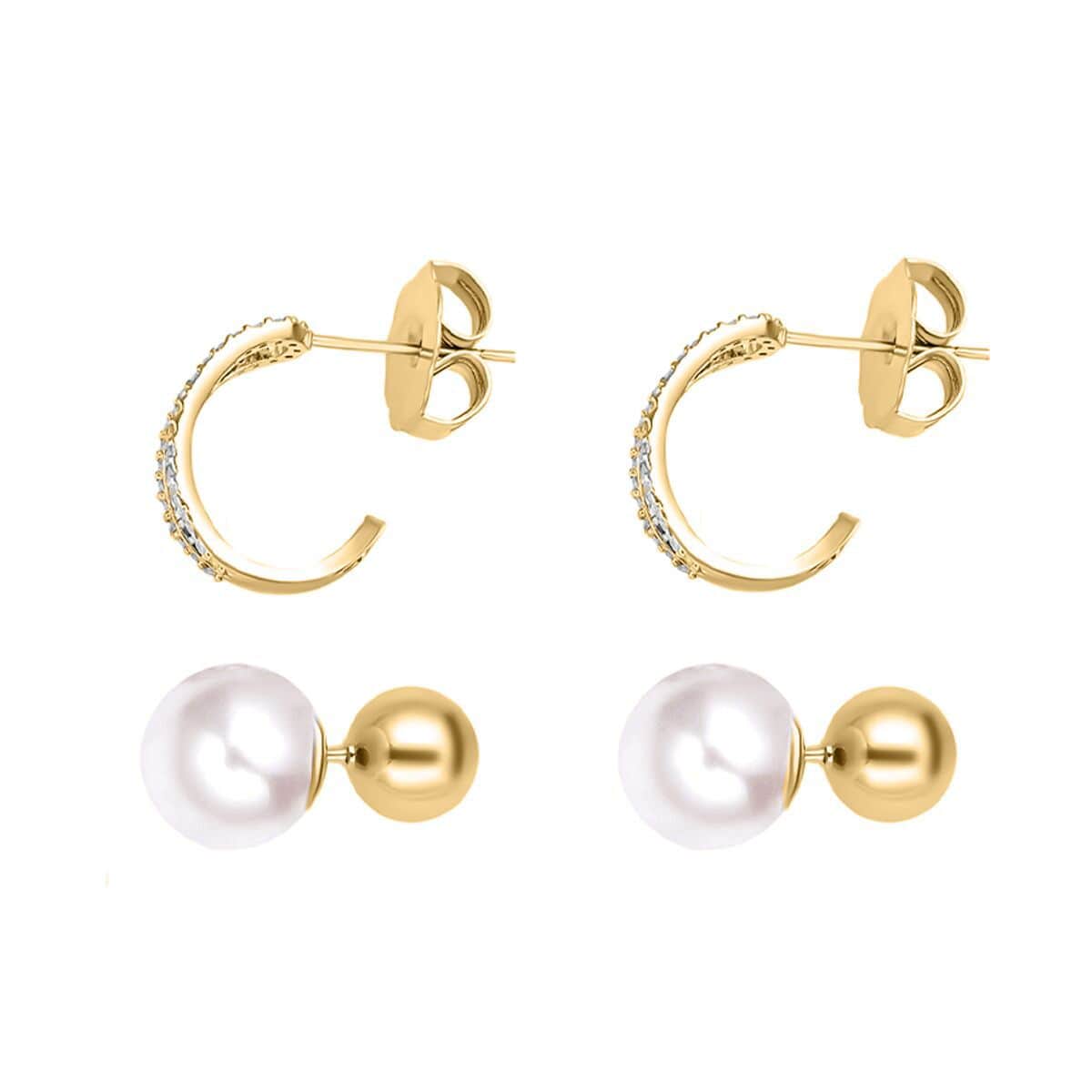 Set of 2 White Shell Pearl and Simulated Diamond Multi Ways Wearable Earrings in Goldtone image number 4