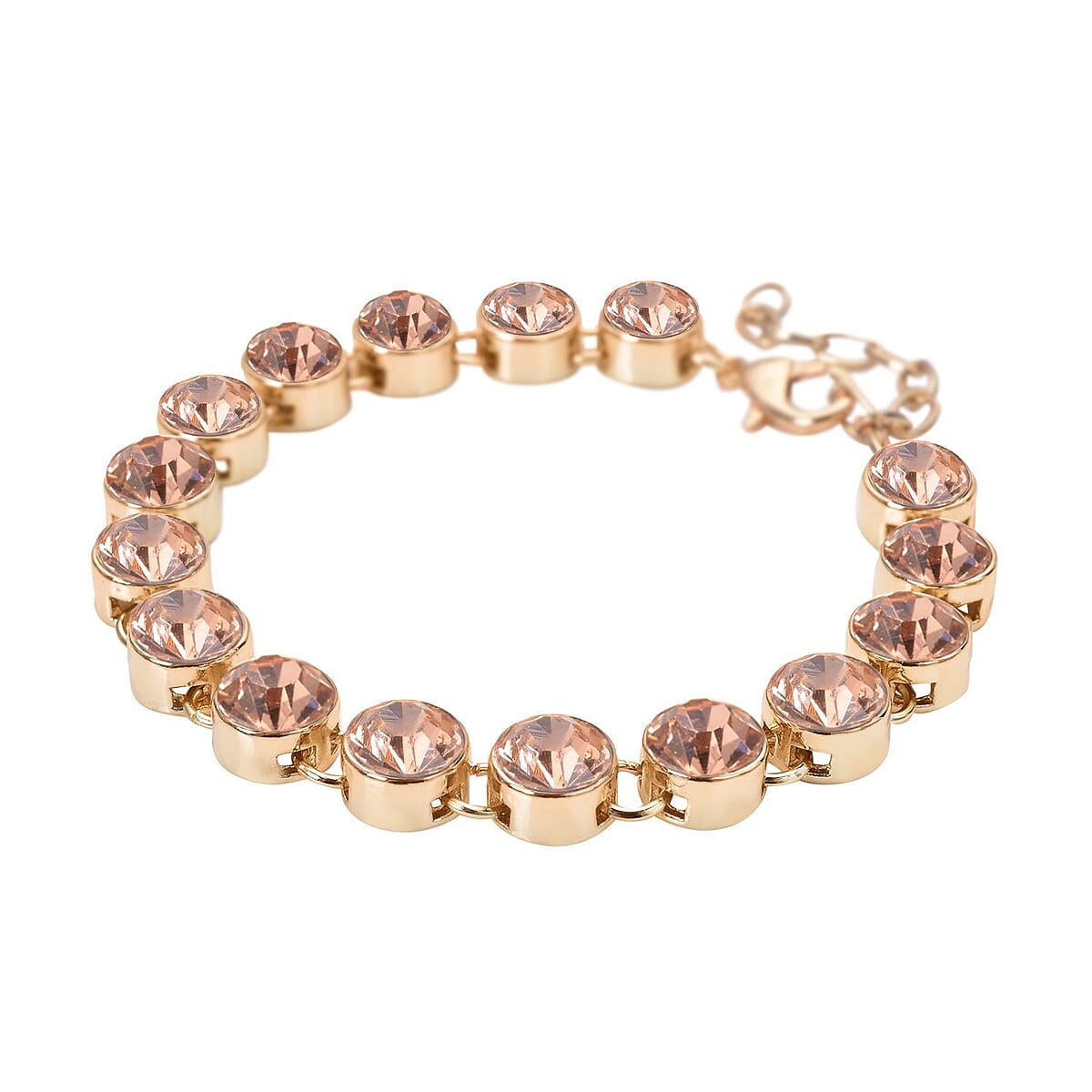 Peach Austrian Crystal Tennis Bracelet (7.50-9.50In) and Stud Earrings in Goldtone image number 2