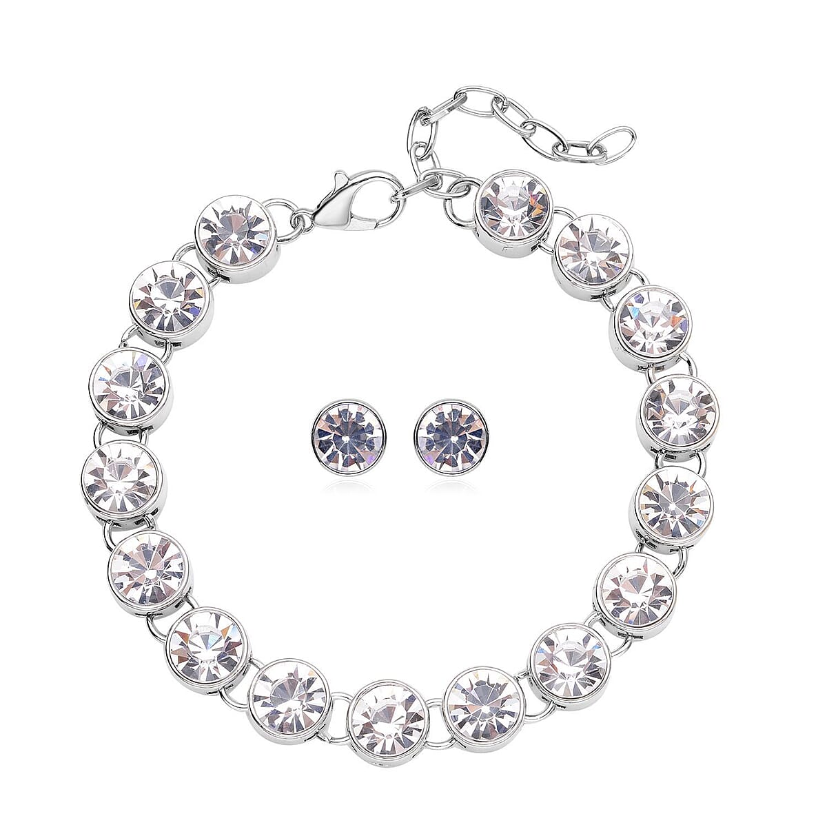 Austrian Crystal Tennis Bracelet (7.50-9.50In) and Stud Earrings in Silvertone image number 0