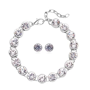 Austrian Crystal Tennis Bracelet (7.50-9.50In) and Stud Earrings in Silvertone