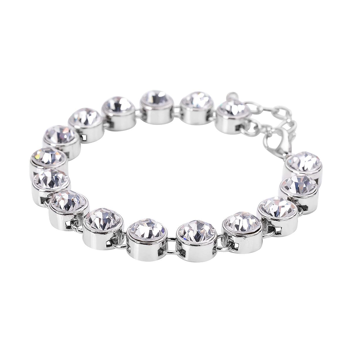 Austrian Crystal Tennis Bracelet (7.50-9.50In) and Stud Earrings in Silvertone image number 2