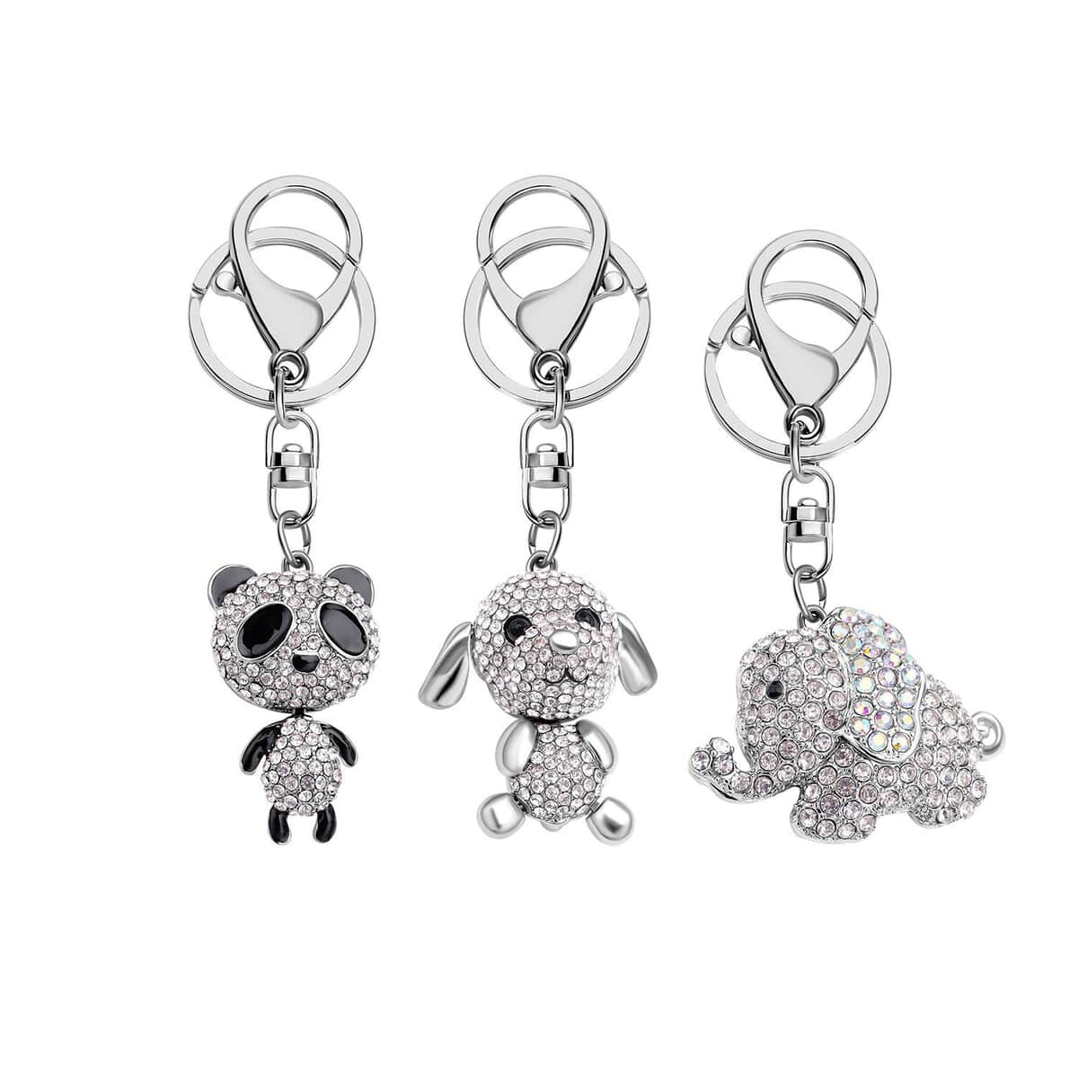 Set of 3 Multi Color Austrian Crystal, Enameled Elephant, Dog and Panda Keychain in Goldtone 7.00 ctw image number 0