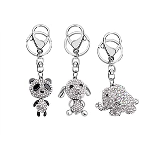 Set of 3 Multi Color Austrian Crystal, Enameled Elephant, Dog and Panda Keychain in Goldtone, Cute Keychains, Key Holders, Key Rings, Cool Keychains