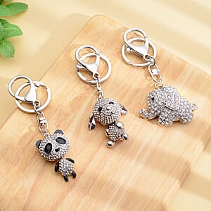Set of 3 Multi Color Austrian Crystal, Enameled Elephant, Dog and Panda Keychain in Goldtone, Cute Keychains, Key Holders, Key Rings, Cool Keychains