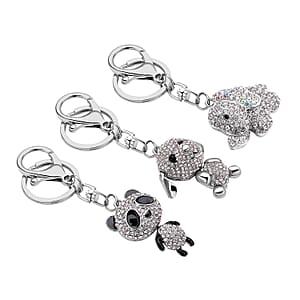 Set of 3 Multi Color Austrian Crystal, Enameled Elephant, Dog and Panda Keychain in Goldtone, Cute Keychains, Key Holders, Key Rings, Cool Keychains