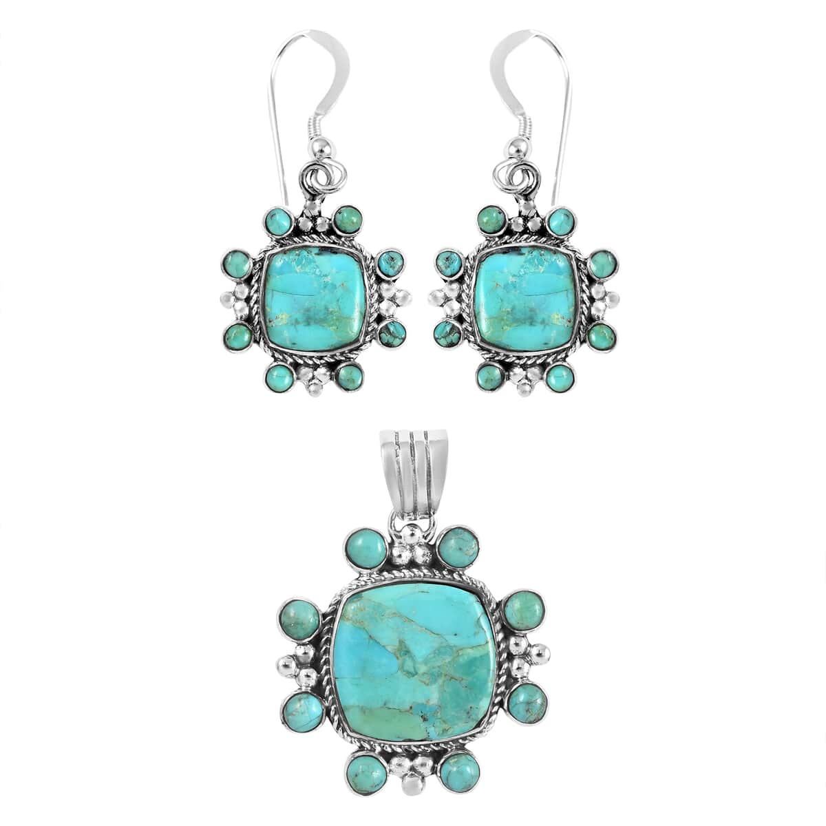 SANTA FE Style Kingman Turquoise Dangle Earrings and Pendant in Sterling Silver 9.80 Grams 15.50 ctw image number 0