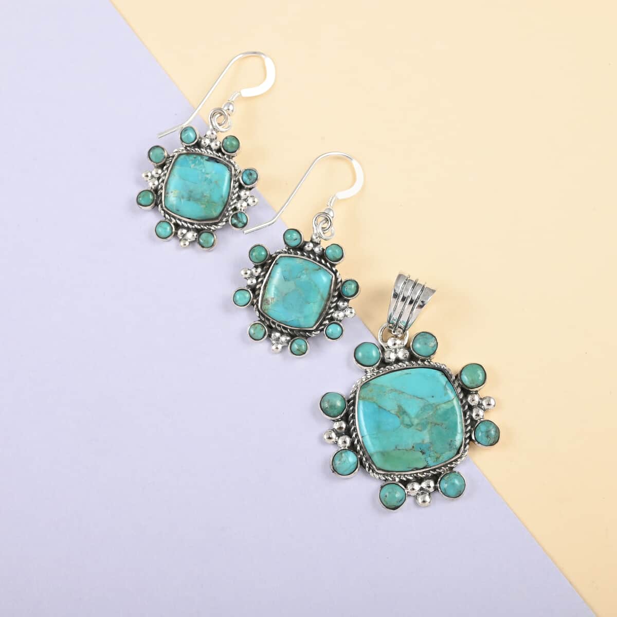 SANTA FE Style Kingman Turquoise Dangle Earrings and Pendant in Sterling Silver 9.80 Grams 15.50 ctw image number 1