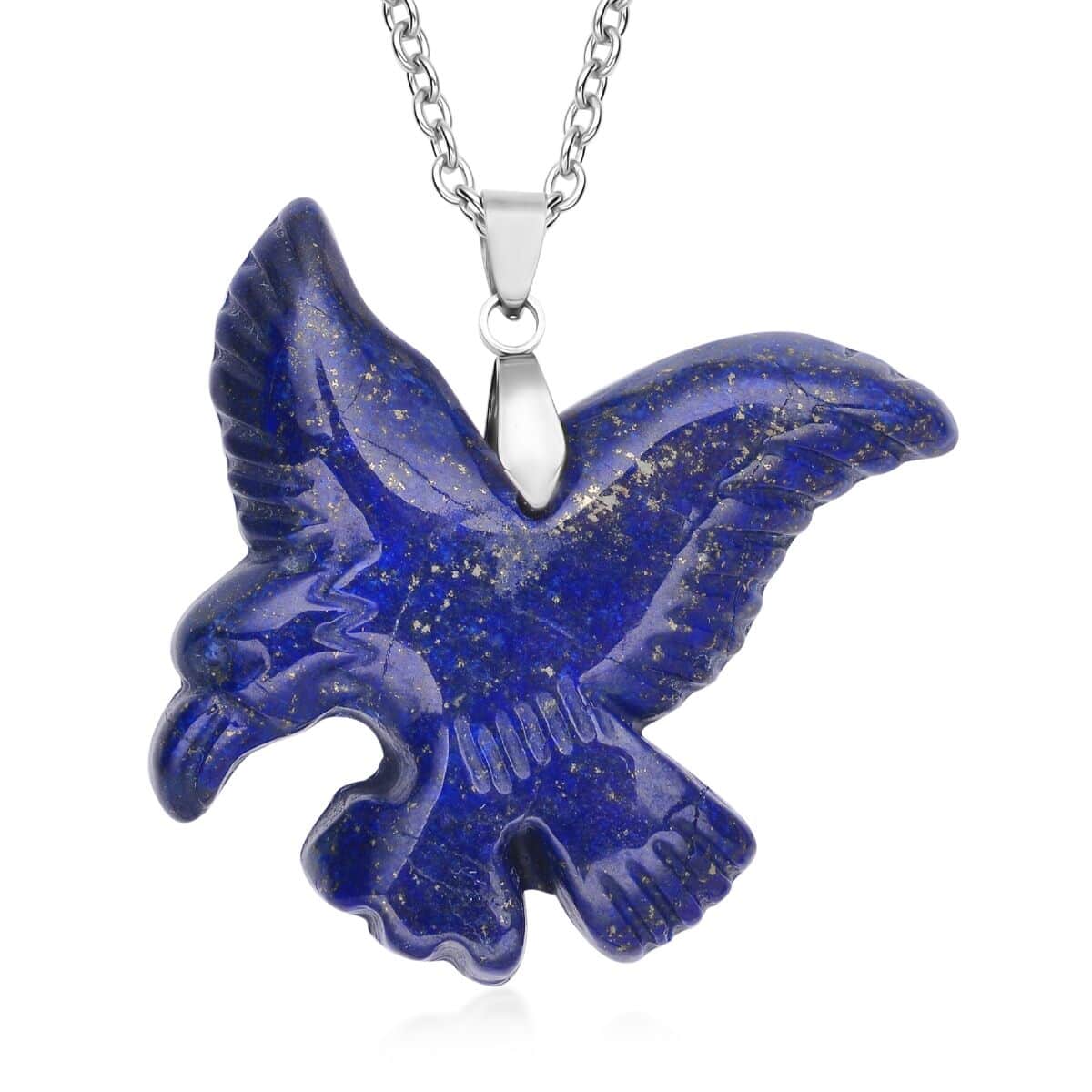 Lapis Lazuli Carved Eagle Pendant Necklace (20 Inches) in Stainless Steel 61.50 ctw image number 0